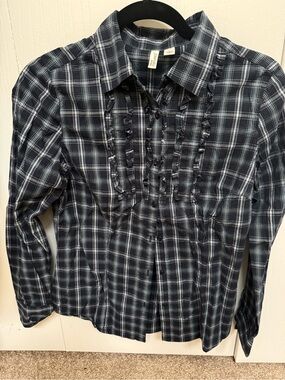 NWOT St. John’s Bay Navy and White Plaid Ruffle-Front Button-Up Blouse